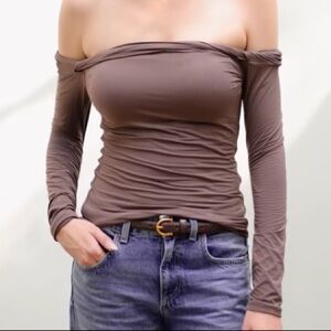 Off-Shoulder Twist Detail Brown Padded Top Going Out Top Chocolate Brown Sexy
